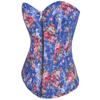 

Denim Flowers Zipper Corset ( S M L XL XXL ) Women Overbust Black/Pink/Blue Bustier top + G-string Chest Binder Corselet