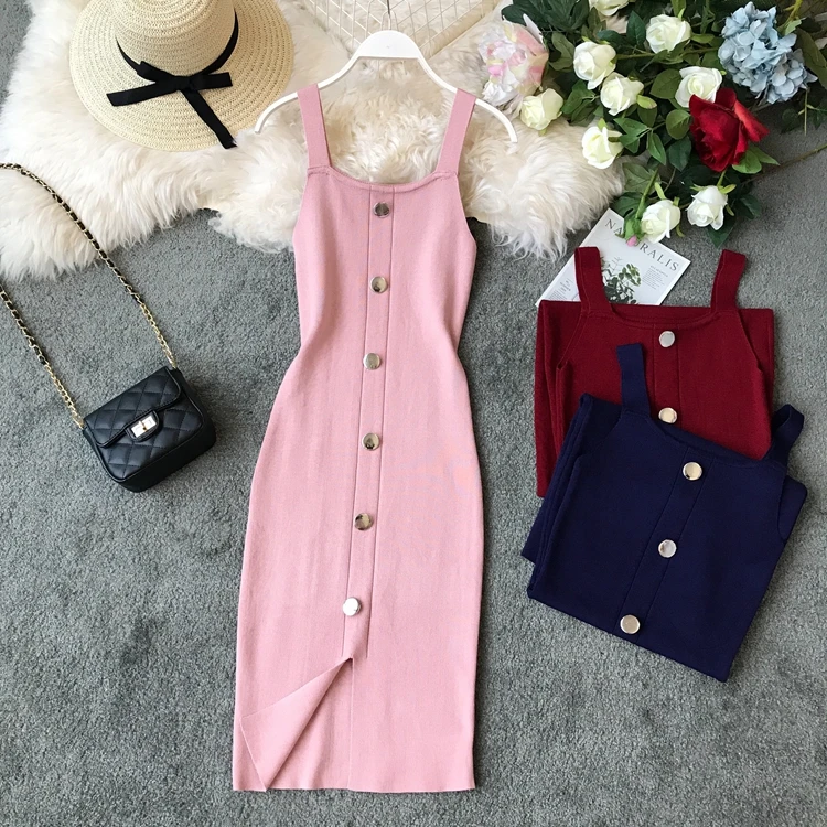 

Spring and Summer New Sexy Square Collar Slim Single-breasted Open Fork Knitted Dresses Women Vestidos G654