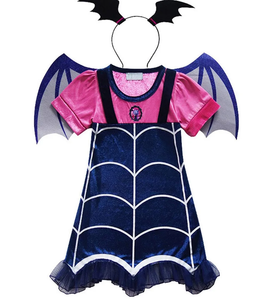 Hitmebox/Коллекция года, Детские вечерние костюмы с короткими рукавами для девочек, костюм для косплея, платье+ повязка на голову+ крылья летучей мыши, комплект из 3 предметов - Цвет: Синий