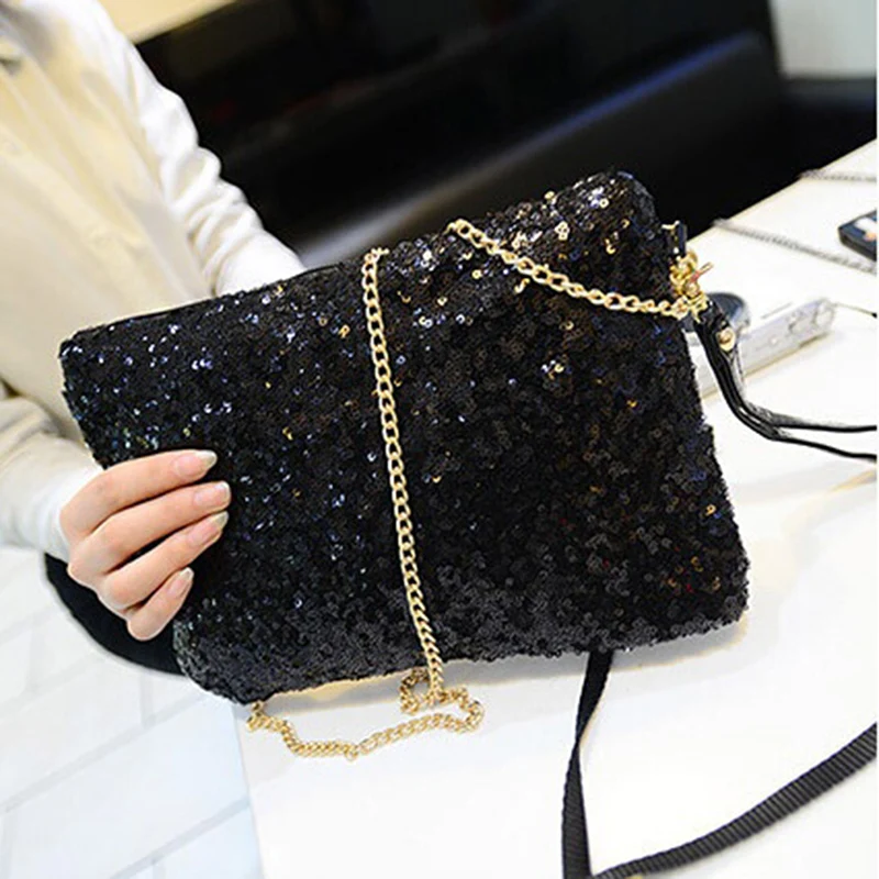 Women Ladies Glitter Sequins Handbag Sparkling Party Evening Envelope Clutch Bag Wallet Tote Purse contrast trim glitter wallet