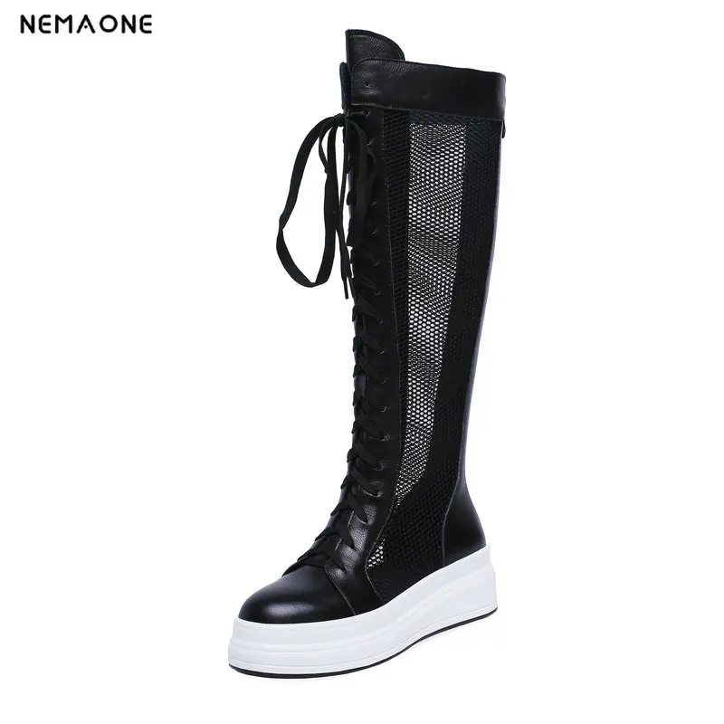 

NEMAONE genuine leather Women summer boots platform wedges high Heel shoes woman rome style casual shoes size 44 42