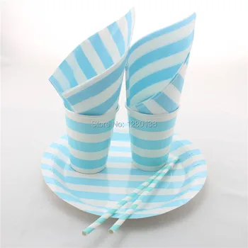 

Disposable Blue Party Tableware Set Striped Paper Plates, Paper Cups, Wedding Party Decoration Paper Napkins Paper Straws