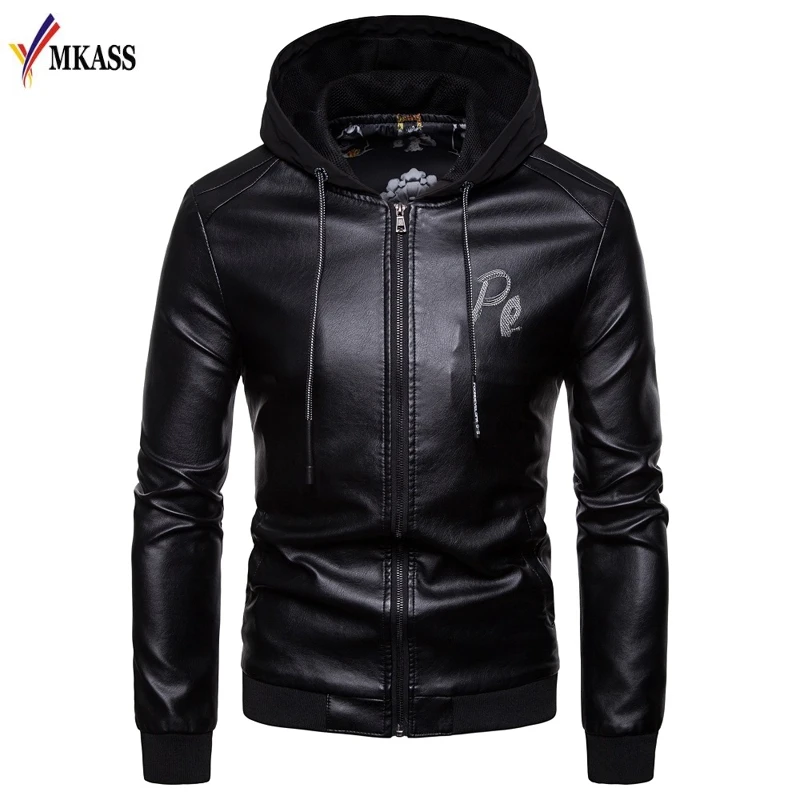 

MKASS Mens PU Jackets Coats Motorcycle Biker Faux Leather Jacket Men Spring Autumn Clothes hooded Jacket