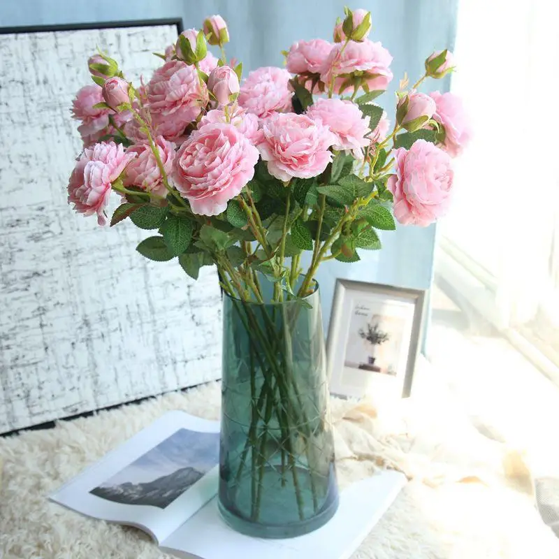 

GUIGUI 3 Heads White Rose Flowers Artificial Flowers Peonies Bouquet Silk Flowers Red Pink Blue Fake Flower Wedding Home Decor