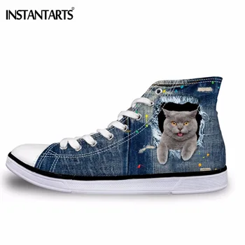 

INSTANTARTS Men's High Top Vulcanize Shoes Cute 3D Animal Cat Denim Printed Classic Man Lace-up Canvas Shoes Fashion Sneakers