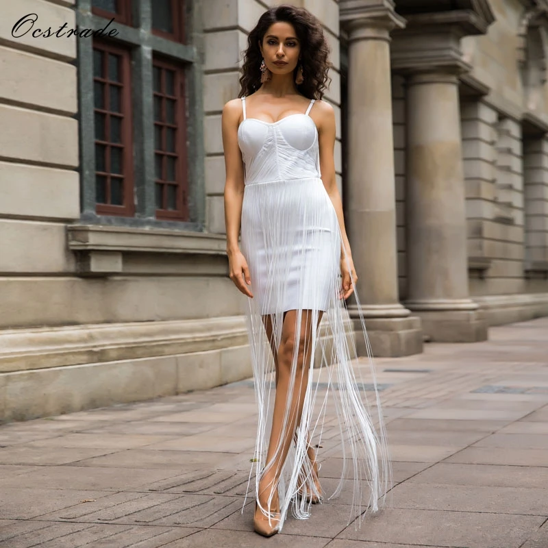 

Ocstrade Women Dresses Evening Party Summer 2019 New White Fringe Sexy Elegant Womans Maxi Long Bandage Dress Spaghetti Strap