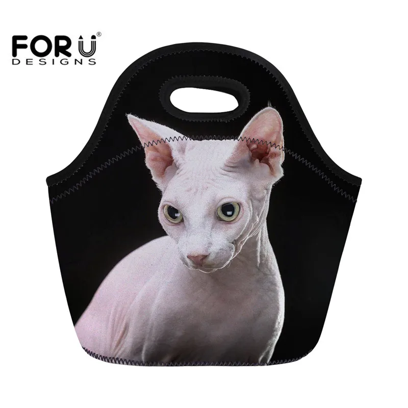 

FORUDESIGNS Black Lunch Bag For Women Sphynx Canadian Hairless Cat Neoprene Insulated Thermal Food Bag Female Thermal Cooler Box