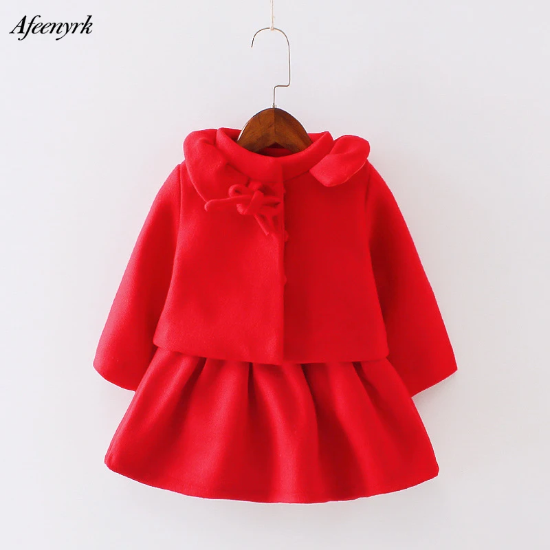 

Winter Girls Clothes 2017 New Girls Woolen Coat 2 Pcs Petal Neckline Suit Dress Suit Fashion Long Sleeve Bow Kids Clothing Sets