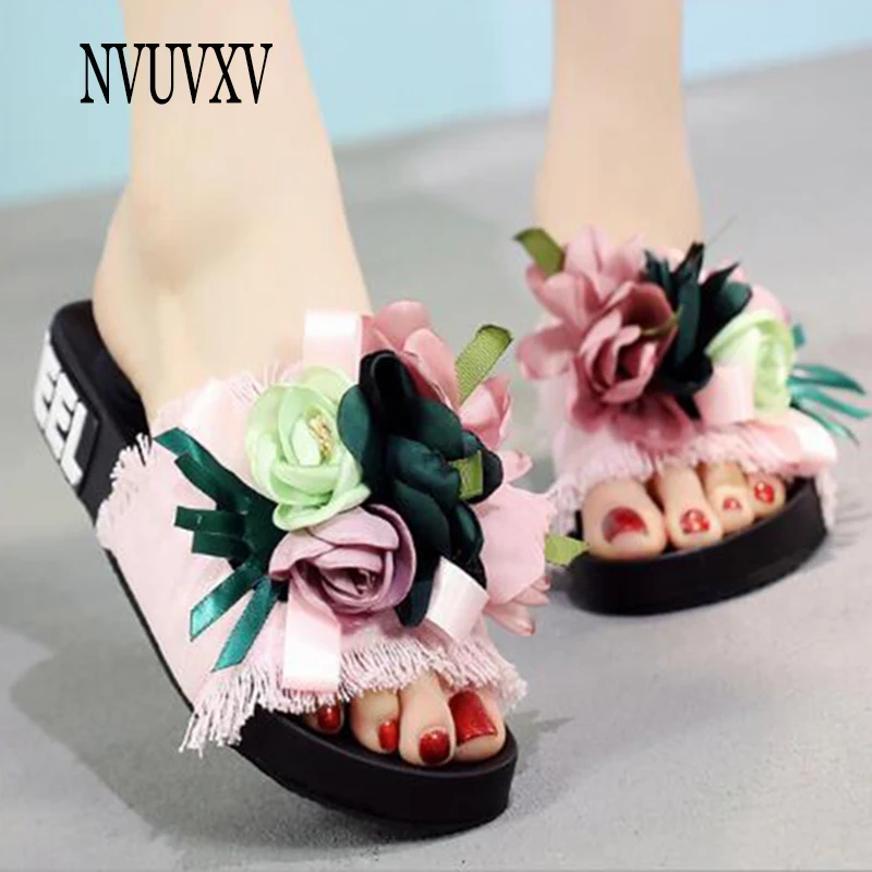 

high quality Women's Slippers New Korean Sandals Summer Denim Flip Flops Handmade Flowers Flat Leisure Women's Shoes sh632