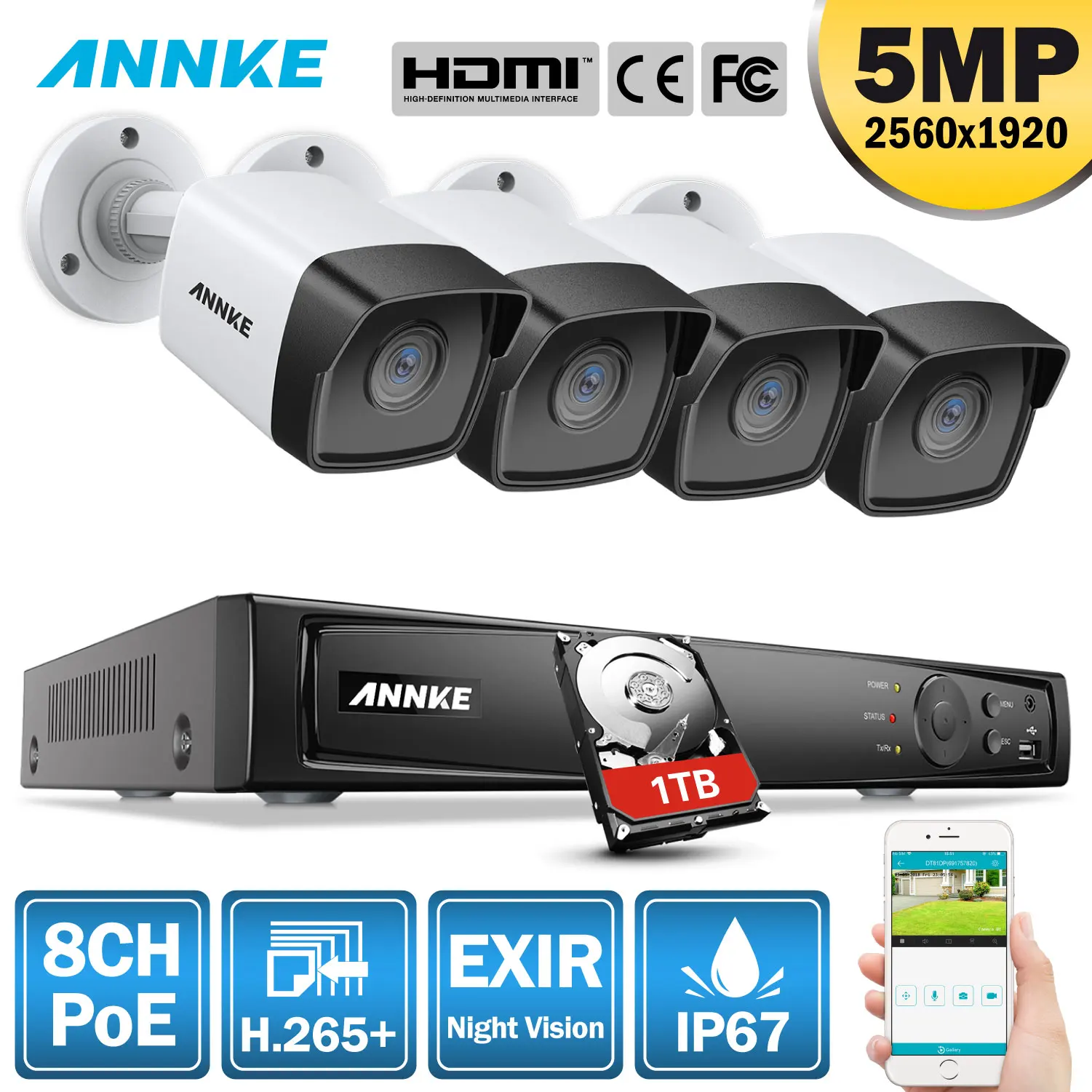 ANNKE 5MP H.265 + Super HD PoE, сетевые видео безопасности Системы 4 шт Водонепроницаемый открытый ip-камеры с питанием по PoE Plug & Play PoE Камера комплект