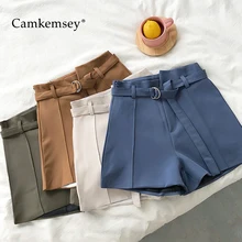 CamKemsey, корейский летний костюм, шорты для женщин, модные, одноцветные, короткий дизайн, для девушек, для работы, офиса, на каждый день, высокая талия, широкие шорты