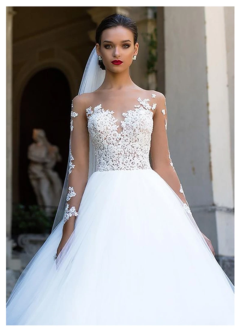 

SoDigne Long Sleeves Wedding Dress 2019 Beach Bridal Gown Tulle Lace Appliques White/Ivory Romantic Buttons Wedding Dresses