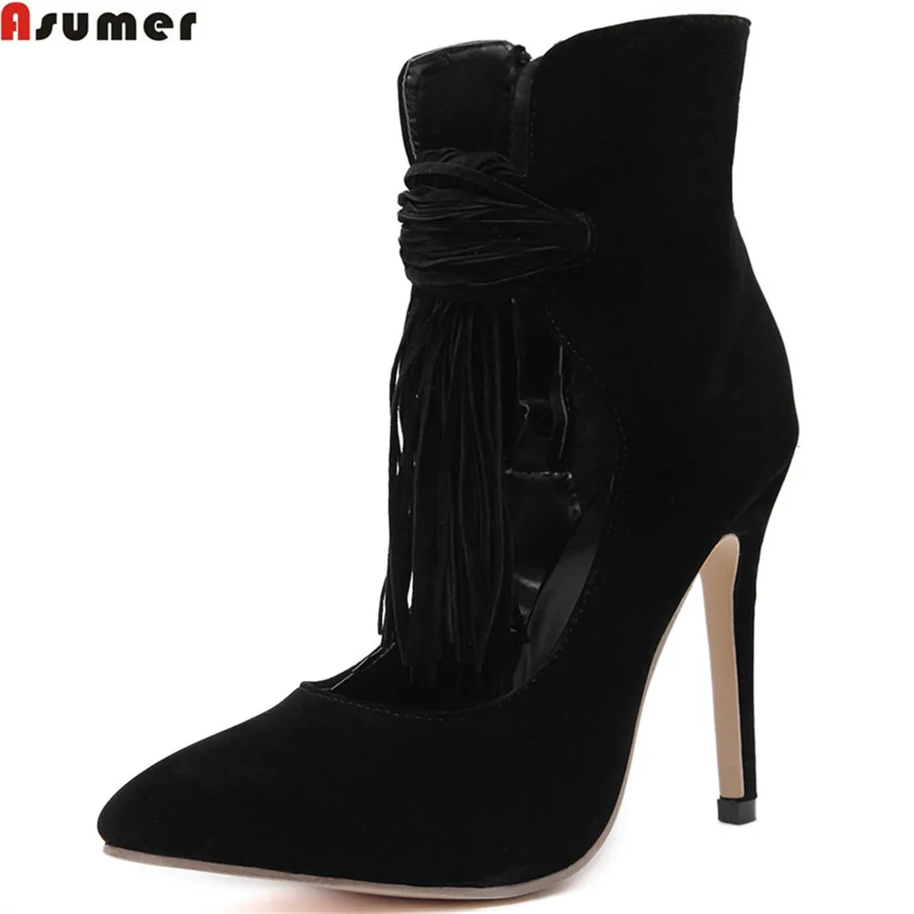 

ASUMER black spring autumn ladies prom shoes pointed toe zipper zipper flock thin heel women high heels ankle boots