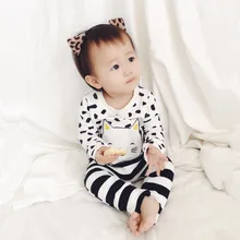 2016 Newest Style Fashion Children’s Clothes Cat Print Long Sleeve Cotton Underwear Cartoon T-shirt , Striped Bottoms Pants