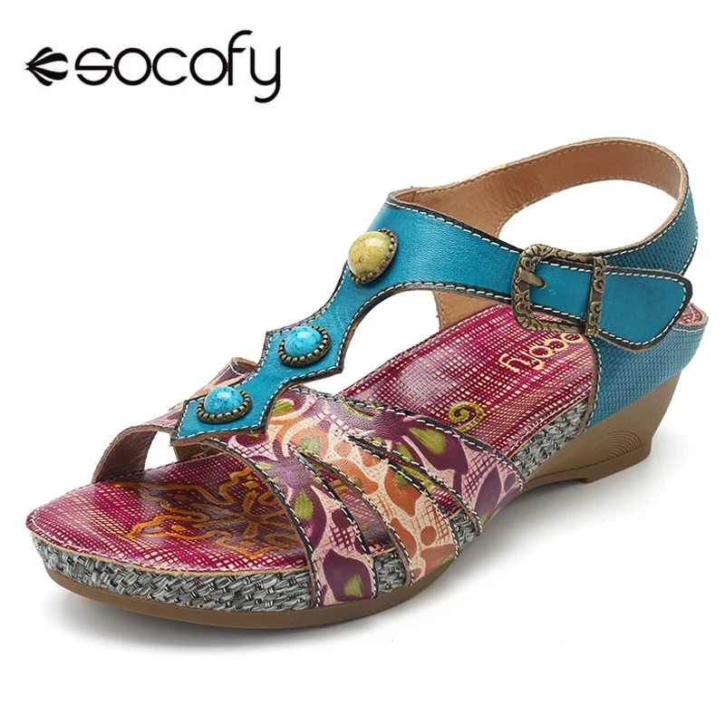 

Socofy Retro Printed Bohemian Sandals Women Shoes Genuine Leather Hook Loop Buckle Wedge Beach Sandals Summer Shoes Sandalias