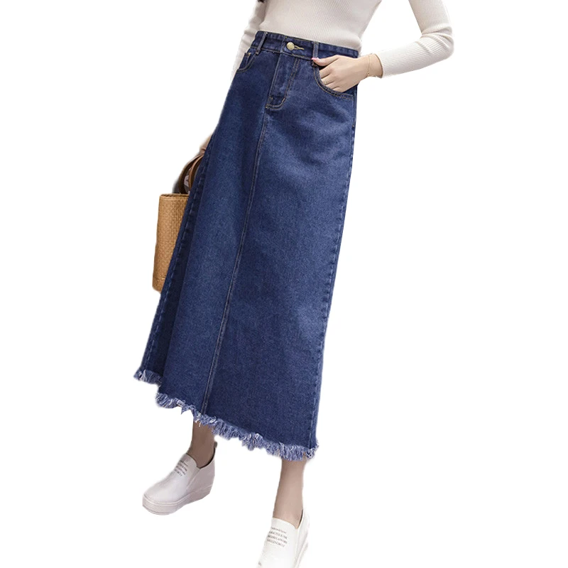 

Women Denim Skirt 2019 Spring Asymmetrical Solid color Mediun long Skirt Summer New Large size High waist Denim Skirt JIA146
