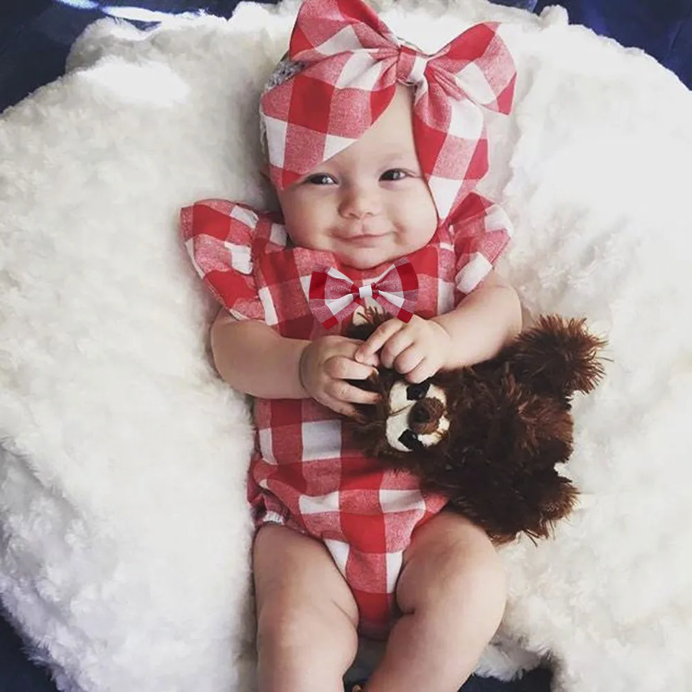 Lovely Cute Baby Girls Infant Plaid Jumpsuit Sleeveless Rompers Bowknot