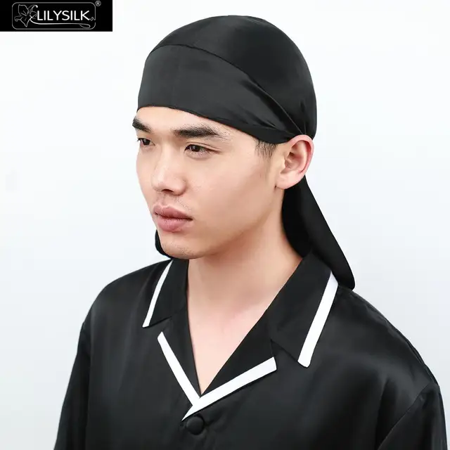 LilySilk Durag for Men 100 Silk Black Extra Long Tail Wide Straps New