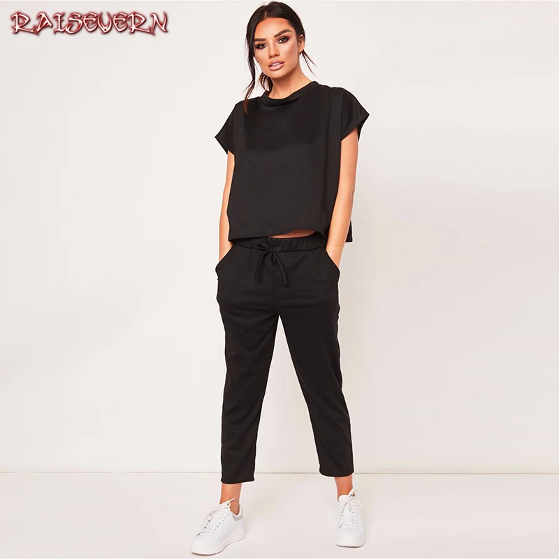 

RAISEVERN 2019 Short Sleeve Sumer Tracksuit Women Set O-Neck Black Grey Sportwear Lady Sexy Two Pieces Suits Casual Overall