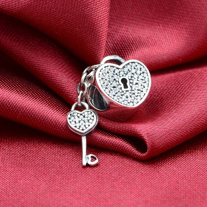 

Original 925 Sterling Silver Pave CZ Lock & Key Heart Beads with AAA Cubic Zirconia For Women Fit Pandora Bracelets DIY