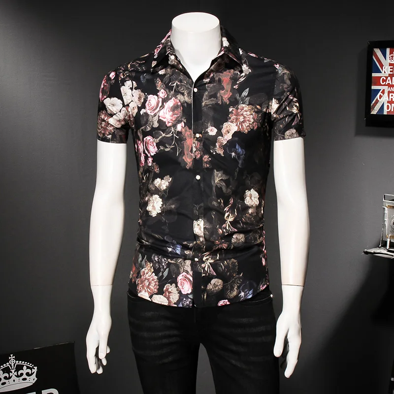 Роскошные классические с короткими рукавами мужские рубашки с принтом Slim Fit деловые