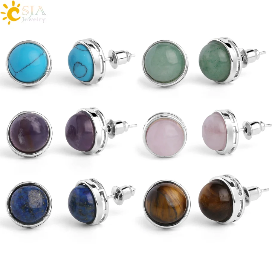 

CSJA Natural Stone Round Stud Earrings Pink Quartz Tiger Eye Crystal Silver Color Simple Ear Jewelry for Women Earring Gift G063