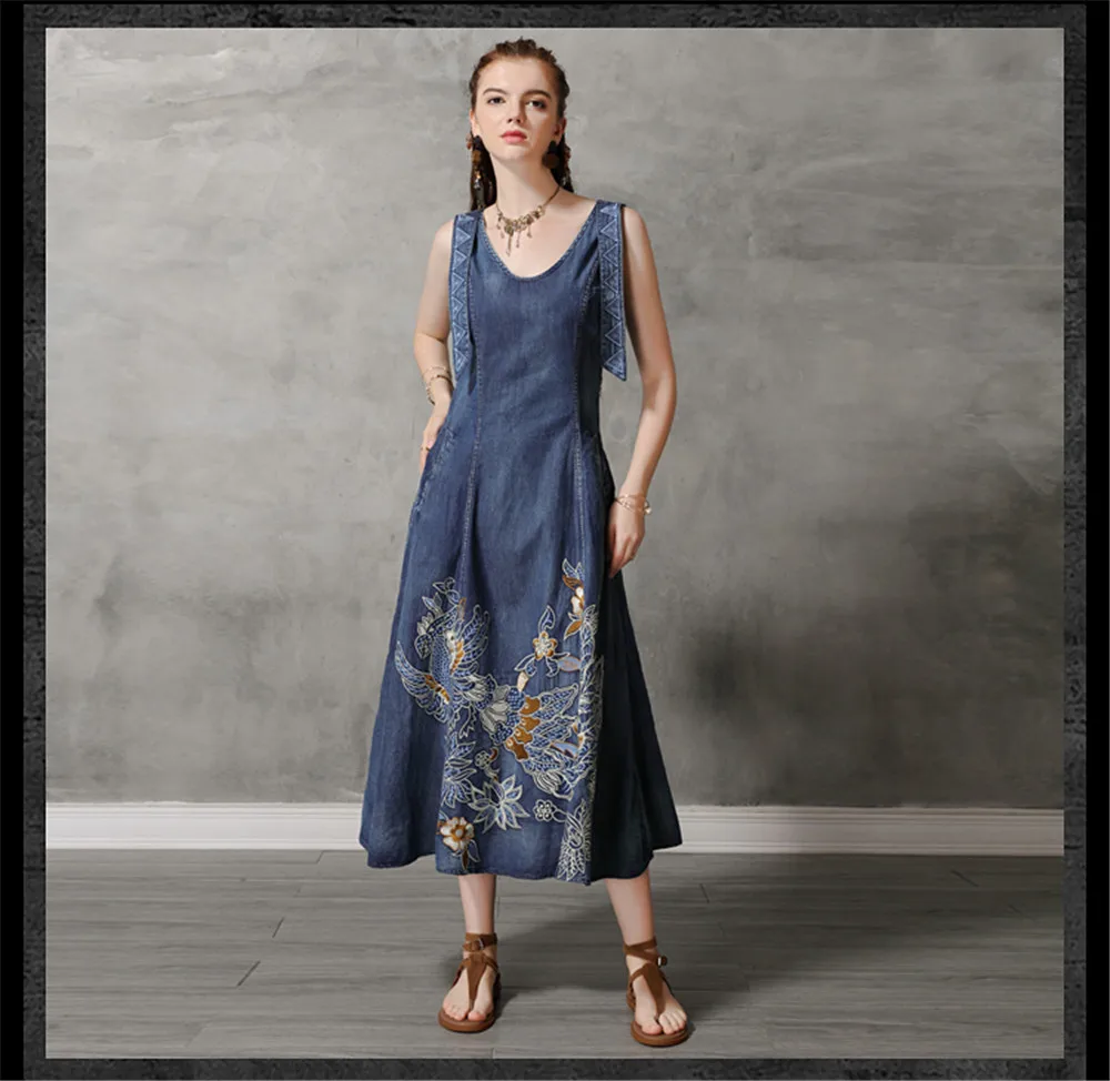 Vintage Summer Tank Dress 2019 Cotton Women Denim Dresses O-Neck Sleeveless Vintage Embroidery Swing Hem Sundress 82168  (7)