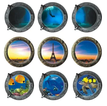 

Underwater Scene Porthole Vinyl Wall Decal Seals Family Wall Art Ocean View 3D Illusion Kids Wall Decal Sea Outside of Submarine