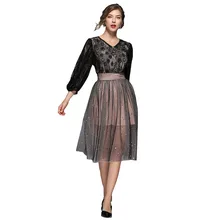 Spring New Woman Lace Mesh Dress V-neck Female Lantern Sleeve A-line Party Dress Shine Stars Patched Midi Dress Woman Spring New Woman Lace Mesh Dress V-neck Female Lantern Sleeve A-line Party Dress Shine Stars Patched Midi Dress Woman