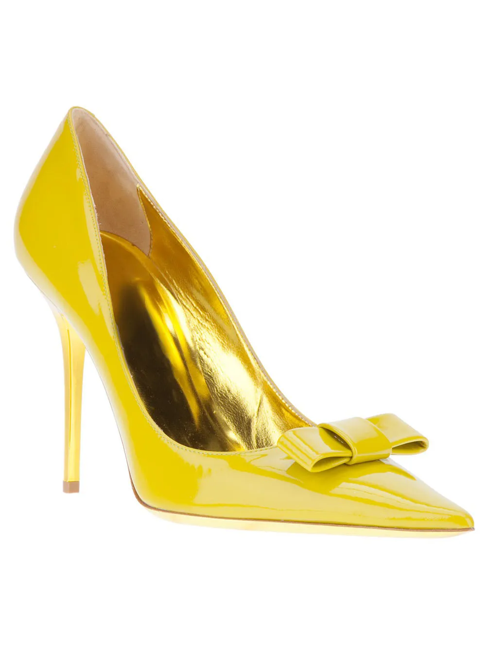 Yellow Patent Leather Pointed Toe Pumps Bowtie Decorated With Women Shoes Slip-on Thin High Heels Summer Party Fashion Shoes