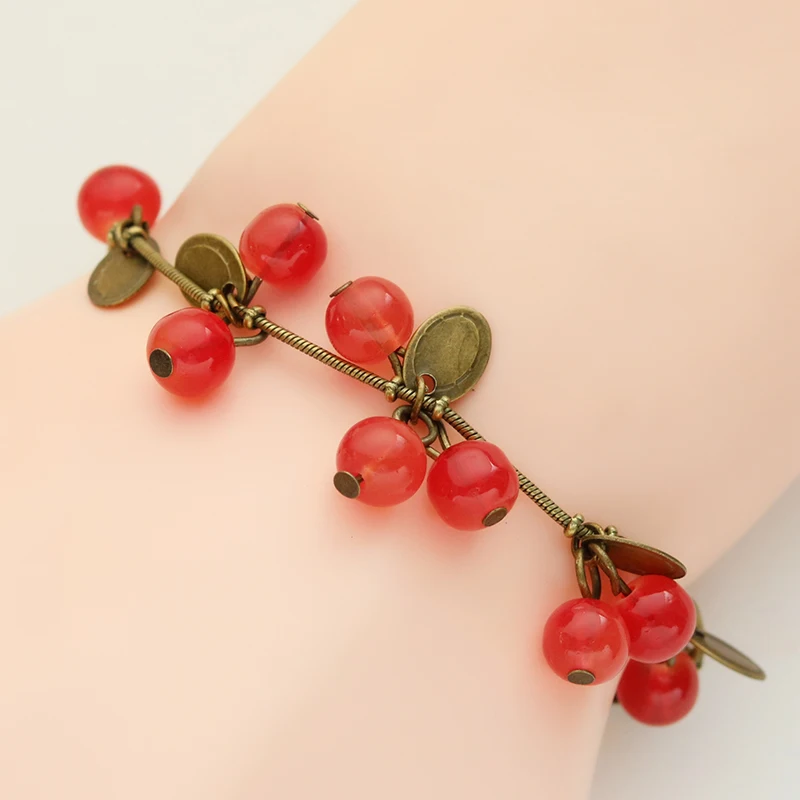 

Fashion Vintage Fruit Acrylic Cherry Bracelet Red Cherry Plant Charm Bracelet Women Leaf Jewelry Free Shipping