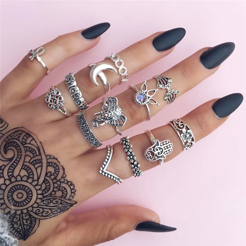 13Pcs/Set Fashion Finger Rings Set Women Vintage Punk Midi Rings Set