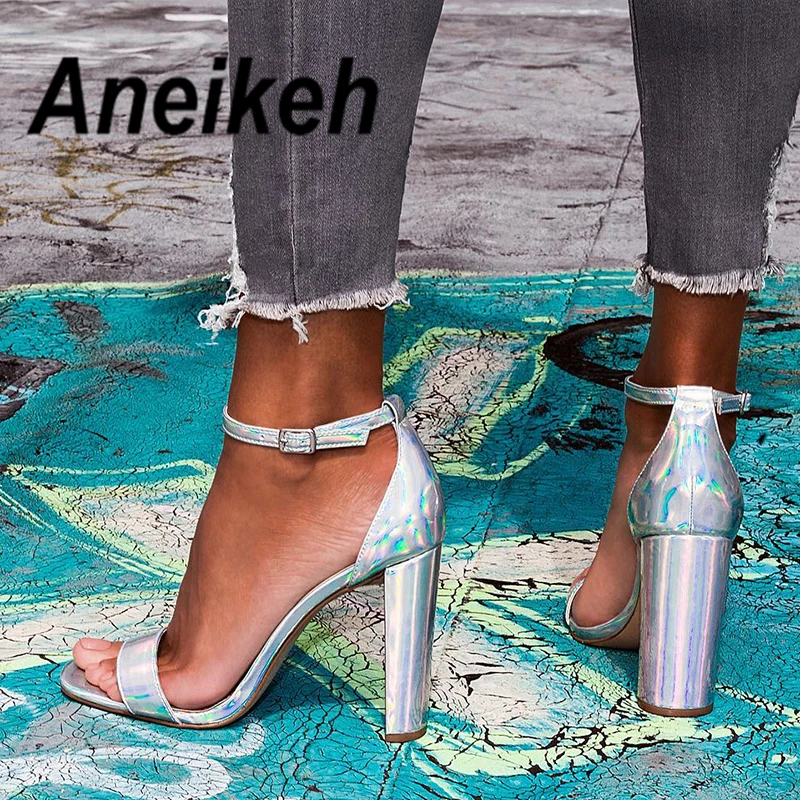 

Aneikeh 2019 Fashion PVC Gladiator Sandals Summer Ladies High Heels Pointed Toe Buckle Strap High Heel Sandals Size 35-40 Sliver