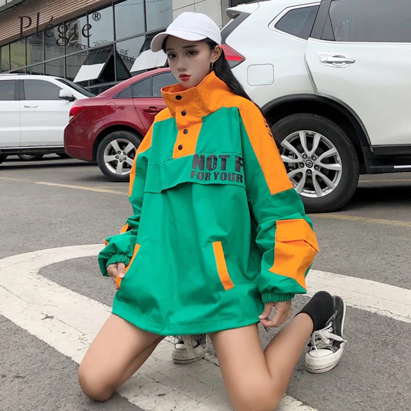 Ideal  Plegie Harajuku Oversized Jacket Women 2019 Spring New Letter Print Loose Outwear Coat Hip Hop Stre