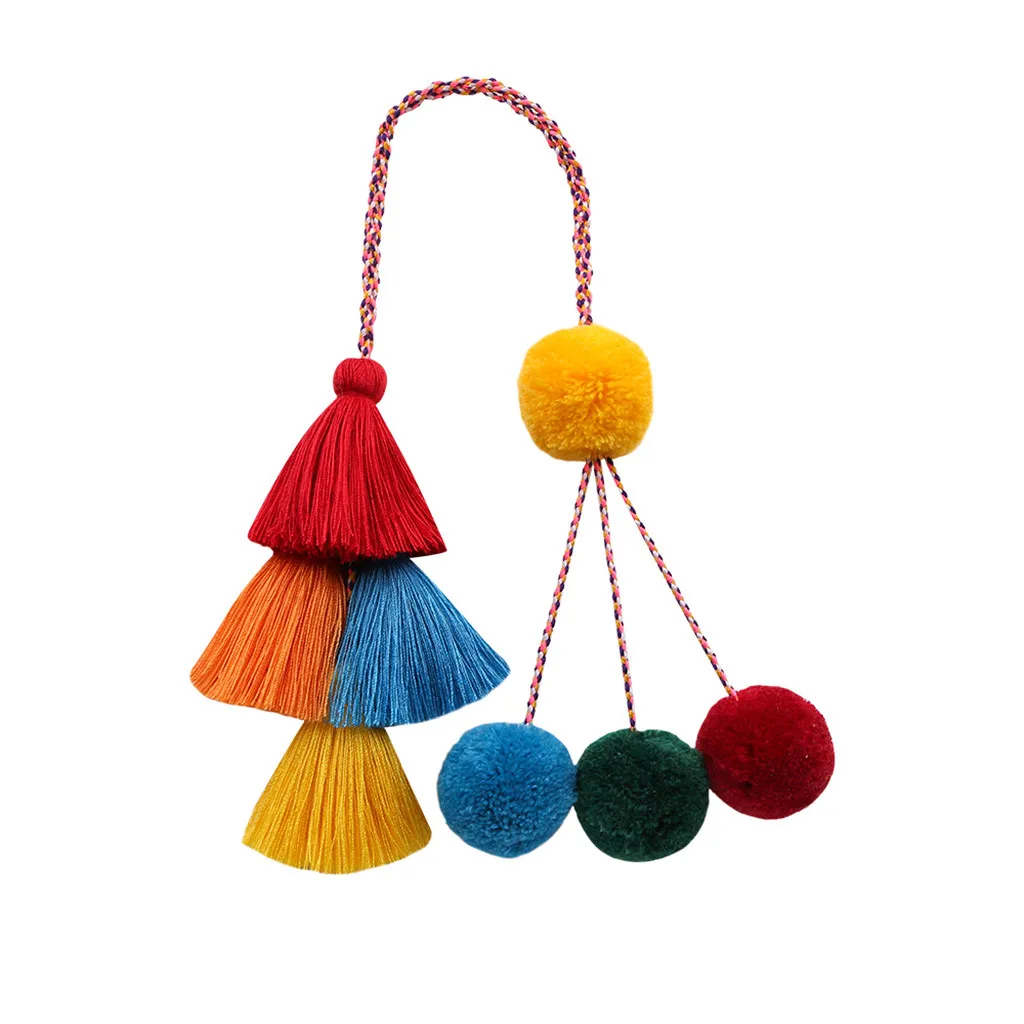 

Bohemian Handmade Diy Fashion Women Layered Colorful Boho Pompom Tassel Bag Charm Accessories Women's Car With Tassels Gift