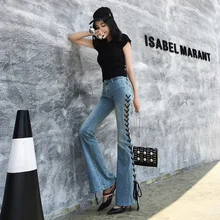 Новые летние осенние модные повседневные сексуальные хлопковые Брендовые брюки размера плюс для женщин и девушек, расклешенные джинсы, одежда 79210