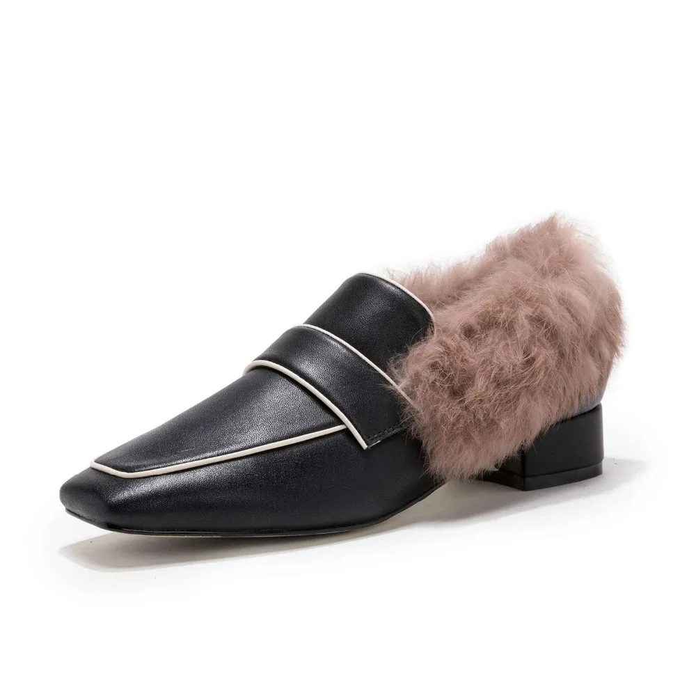 Sur Femme Beige Naturel Talons Solide Toe 2019 La Bas Et Carré De En Slip Cuir noir Européen Casual Pompes Style L89 Élégant Chaussures Décoration Fourrure Lady Noir 6RqwzF