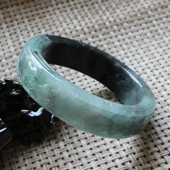 

A768 Chinese Hand-carved Emerald Green Black stoneite stone Bracelet Bangle 62mm 10.20 40