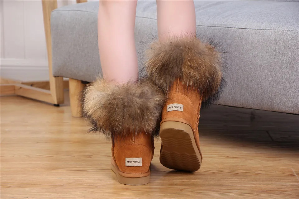 MBR FORCE Fashion Women's Natural Real fox Fur Snow Boots Genuine Cow Leather women Boots Female Warm Winter Boots Shoes