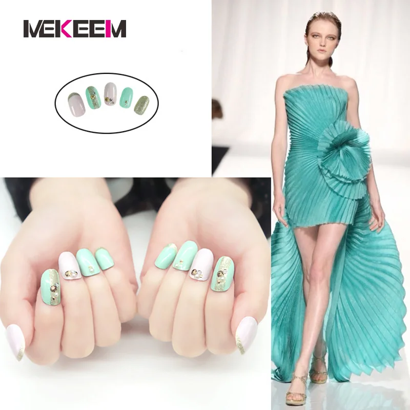 

Mekeem 24pcs false nails tip 3D Diamond Full Tips Fake nails kinds color Optional for nail art Decorations Manicure