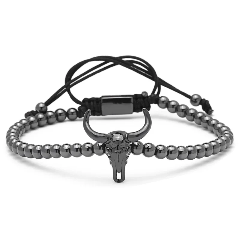 Mcllroy Men Fashion Zircon Bracelets Black Silver Cattle Head & 4mm Titanium beads Rope Braiding Macrame Bracelets Bangle