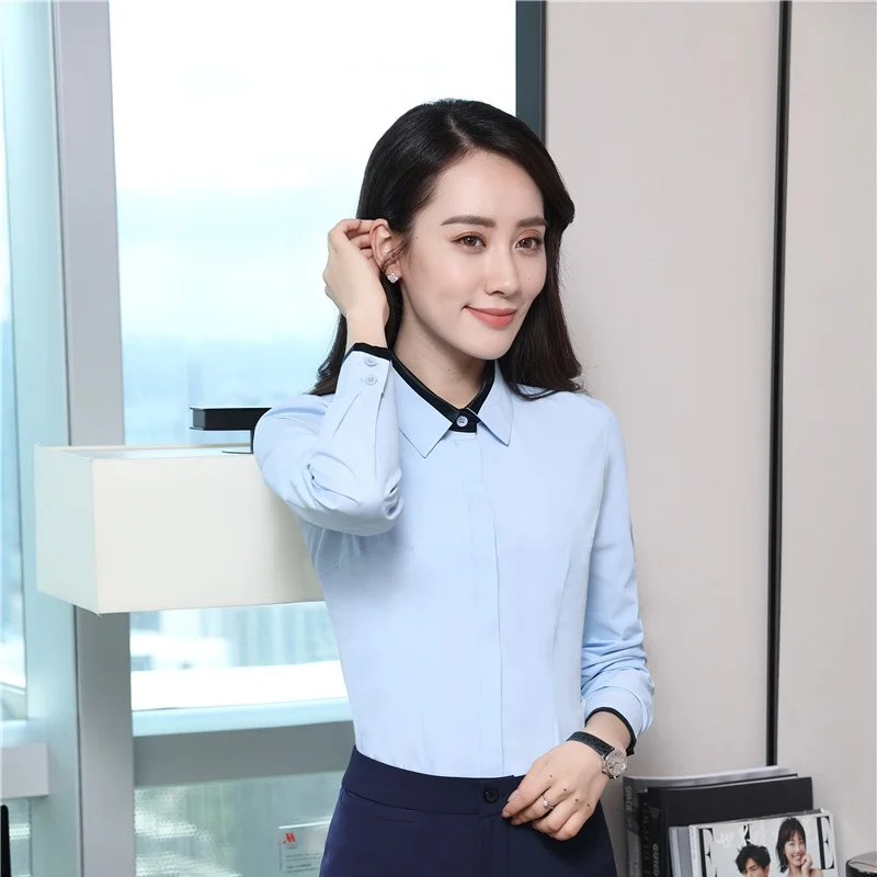 

Spring Fall Formal Women Work Blouses Long Sleeve Fashion Light Blue Ladies Office Uniform Shirts Female OL Styles Clothes