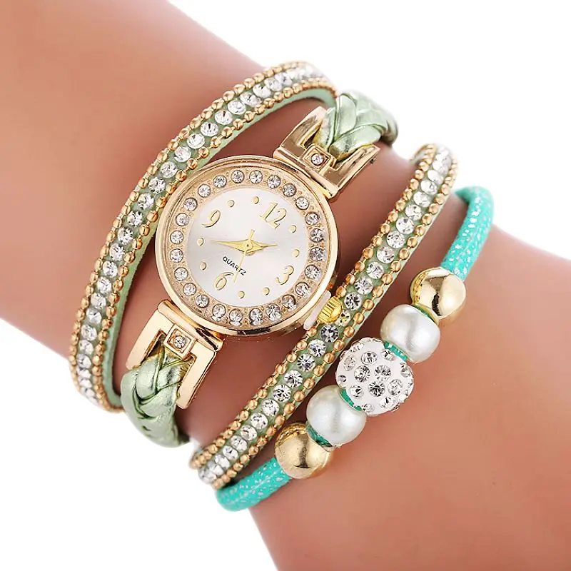 

100pcs/lot lady elegance beaded weave Leather watch quartz wrap around full crystal braided wrist watches for women
