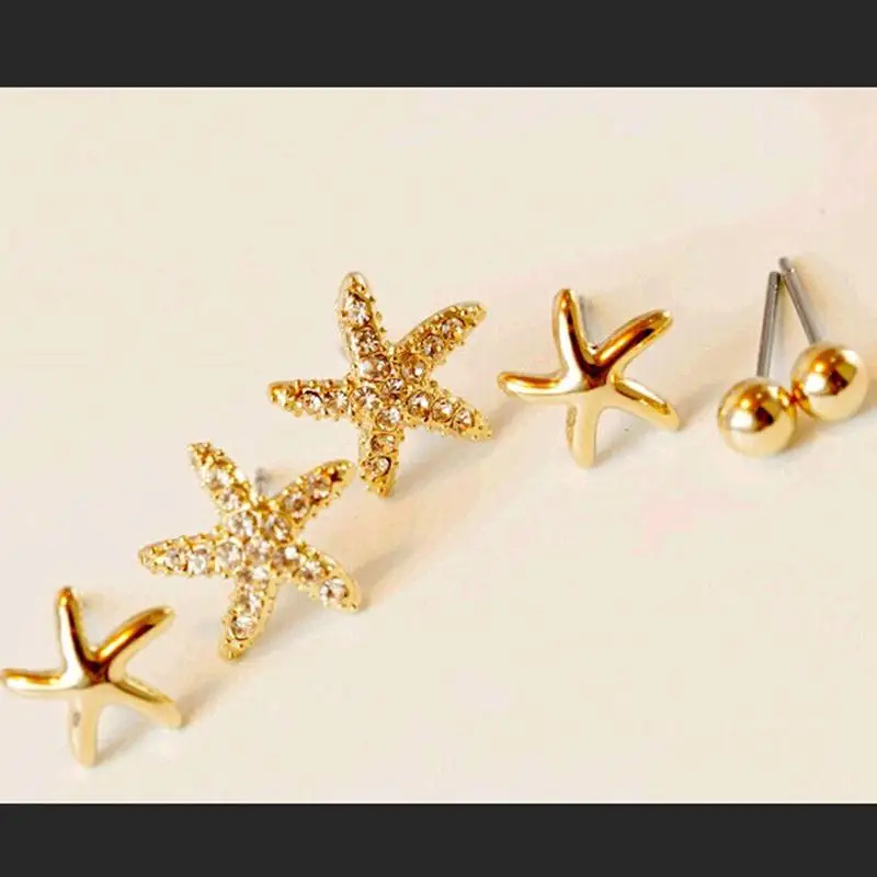 

Crystal Starfish Sleek Golden Starfish Golden Small Ball Stud Earrings for Women piercing Jewelry 3 Pairs/set
