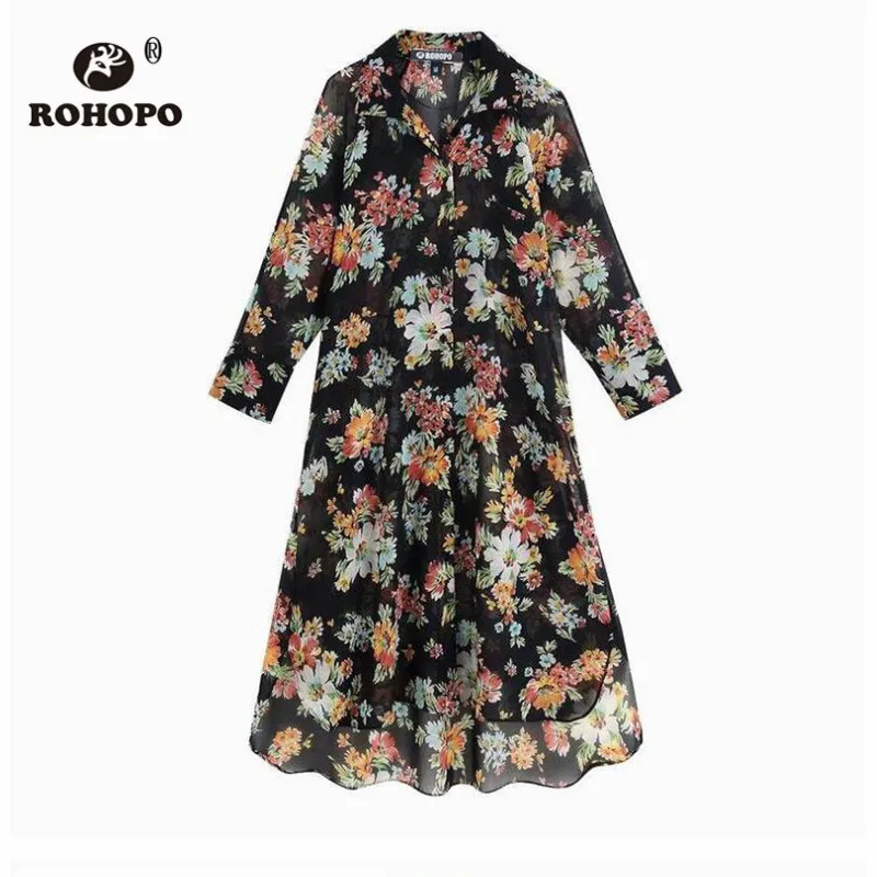 

ROHOPO Autumn Long Sleeve Floral Midi Chiffon Dress Turn Down Collar Single Breast Buttons Straight High Low Vestido #OYK9742