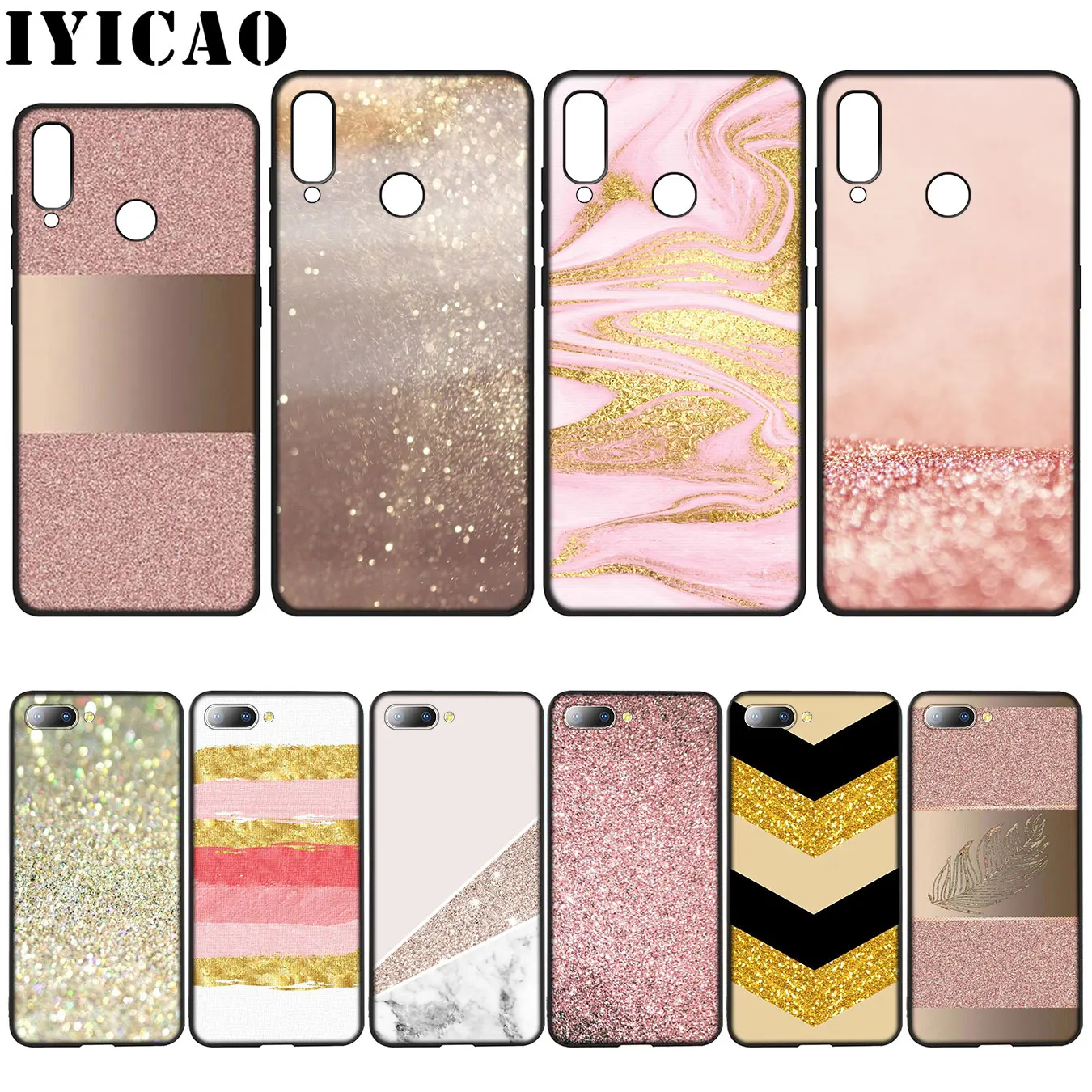 IYICAO Gold Pink rose Glitter Dust love Soft Case for Huawei Y7 Y6 Prime Y9 2018 Honor 8C 8X 8 9 10 Lite 6A 7C 7X 7A Pro |