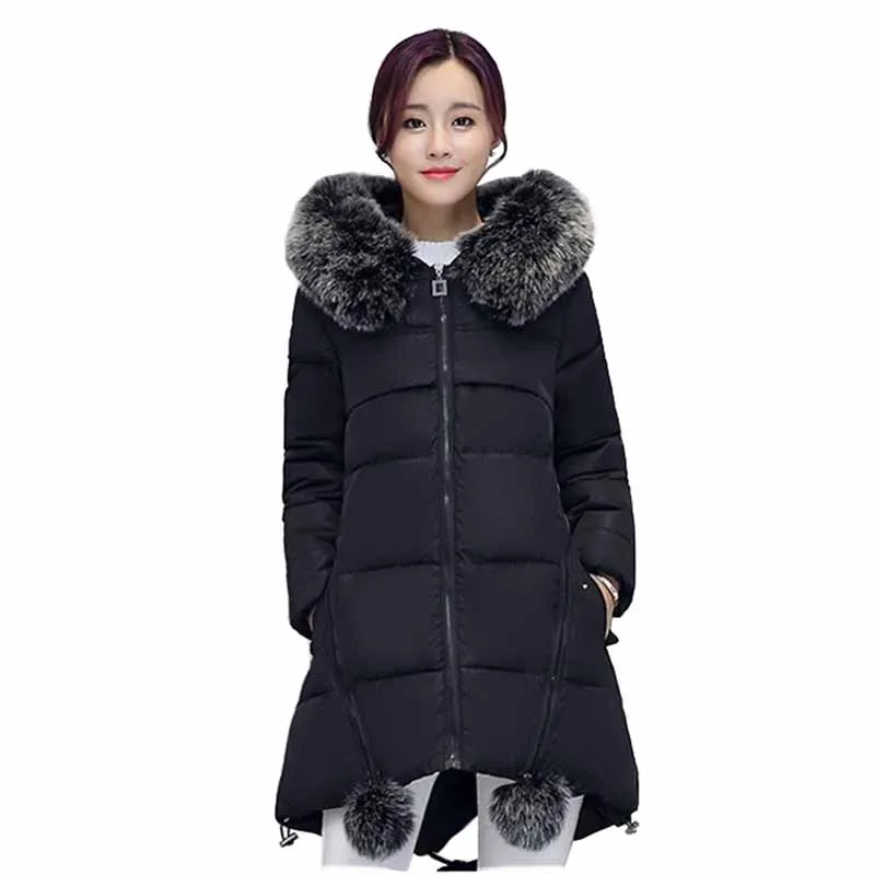 

2019 Plus size S-6XL Autumn Winter Parkas Women Thicken Down cotton jacket Fur collar Hooded A-line type Cotton-padded Coat G388
