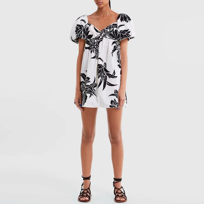 

New Fashion Mini Flower Dress Women Short Sleeve V neck Sexy Backless A-line Above Knee Summer White Dress XZ1929