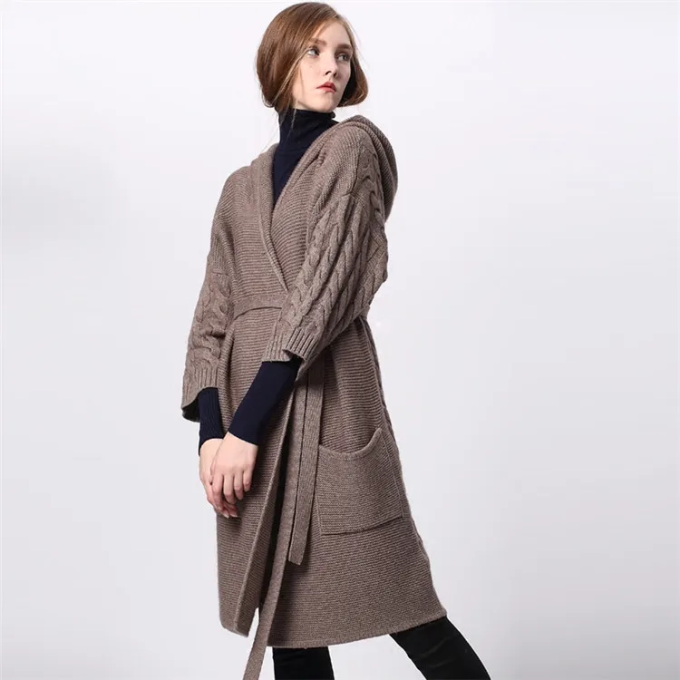 Высококлассный кашемировый шерстяной плотный вязаный женский бутик с капюшоном и поясом, длинный кардиган, свитер, пальто с 7-ми рукавами M/110-L/114