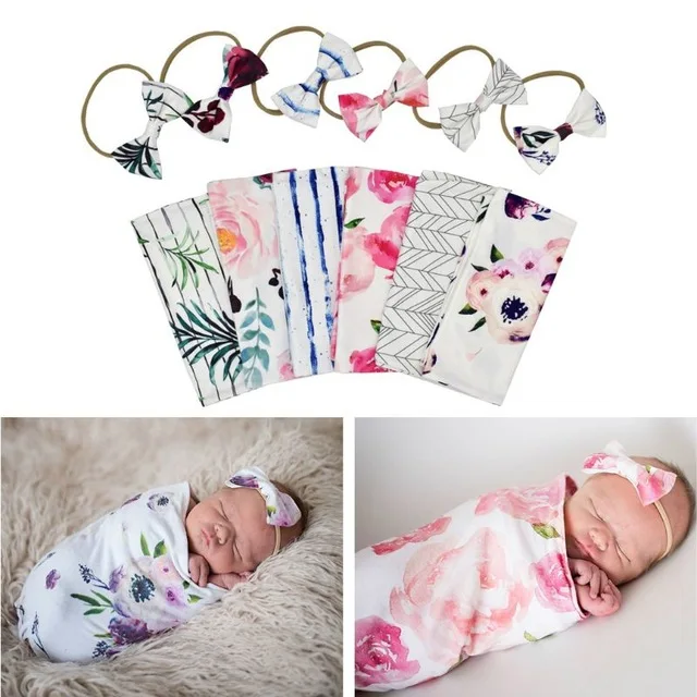 Реквизит для фотосъемки новорожденных, детские одеяла с принтом для новорожденных, пеленка для сна, муслиновая пеленка+ повязка на голову, 2 предмета